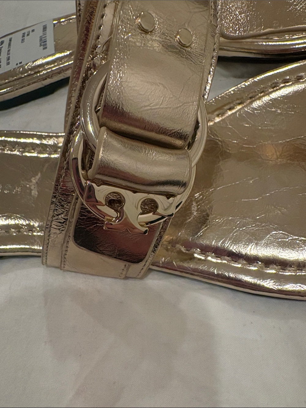 Tory Burch Metallic Gold Thong Sandals with Logo Buckle - Picture 2 of 5